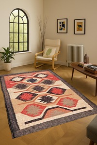 Alfombra Rectangular para Sala de Estar, Diseño Geométrico Negro, Beige y Rojo, Lana Acrílica, Tejido Plano, Kilim Hecho a Mano - Product Image 4