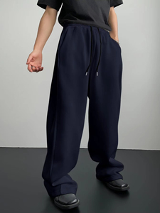Pantalones Jogger Anchos Negros para Hombre, Cintura Elástica con Cordón, Casuales, de Algodón, Peso Medio, para Otoño - Product Image 5