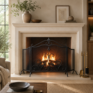 Écran de cheminée en métal de luxe à motif enroulé avec panneaux pliants en maille de protection, écran décoratif pour foyer en fer - Product Image 1