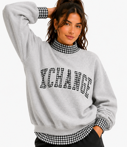 Sweat-shirt oversize à col rond pour femme XCHANGE, gris, en coton mélangé tricoté, imprimé lettres, pull décontracté, style automne - Product Image 5