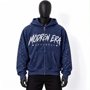 Sweat à capuche zippé bleu marine foncé avec strass, personnalisable OEM, en molleton épais, streetwear urbain, fabricant de vêtements graphiques de luxe - Product Image 1