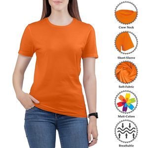เสื้อยืดคอกลมสีส้มสำหรับผู้หญิง แขนสั้น ทรงปกติ สวมใส่สบาย สีพื้น ผ้าฝ้าย 100% ระบายอากาศได้ดี ป้องกันรังสียูวี เป็นมิตรต่อสิ่งแวดล้อม เนื้อผ้าฟลีซ - Product Image 1