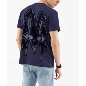 Men's <b>Navy</b> Blue Skull Print Short Sleeve T-Shirt O-Neck Casual Jersey Cotton Eco-Friendly Plus Size Streetwear Front Pattern - Product Image 4