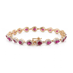 Pulsera de Tenis con Halo de Diamantes y Rubíes en Corte Pera de 4x3mm, Piedra Preciosa, Regalo de Aniversario, Piedra de Nacimiento de Julio, Joyería de Oro Amarillo de 14K - Product Image 5