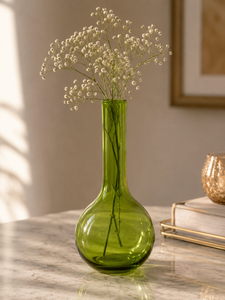 Vase à fleurs en verre vert, minimaliste, rond, décoration de table, pièce unique - Product Image 1