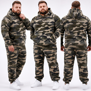 Ensemble de survêtement pour homme en molleton imprimé camouflage, grande taille, avec poches latérales, pull à capuche et pantalon de jogging, idéal pour l'hiver - Product Image 4