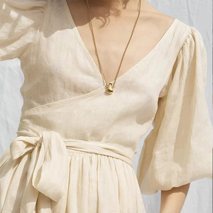 Vestido de Verano de Lino y Algodón para Mujer con Logotipo Personalizado, Ropa de Moda, Vestido Largo Informal para Fiesta, con Mangas Abullonadas y Cuello en V - Product Image 5