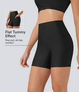 Shorts de yoga noirs taille mi-haute pour femme, sportifs, respirants, en tricot 100% coton, coupe classique, taille élastique, couleur unie - Product Image 2