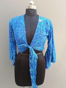 New Style V-neck Bell Sleeves Floral Print 100% Cotton Top with Pajama Flare <b>Elastic</b> Waist Knotted <b>Dress</b> Palazzo Tie up Crop - Product Image 5
