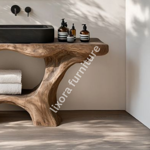 Meuble-lavabo de luxe artisanal en tronc d'arbre, console de salle de bain artistique en bois massif, décoration en racine naturelle - Product Image 4