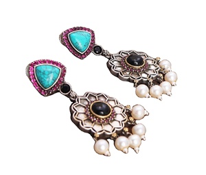 Direct Manufacturer <b>Turquoise</b> Pearl Dangle Drop <b>Earrings</b> Handmade Antique Silver Plated Women Jewelry Bulk Wholesale Supplier - Product Image 2