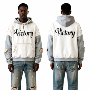 Sweat à capuche déchiré patchwork pour homme, coupe oversize, style streetwear, beige et marron, imprimé Victory, pull décontracté et tendance - Product Image 4