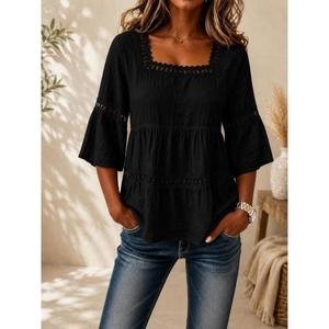 Blusa Peplum de Alta Calidad con Encaje Multicolor para Mujer, Cuello Cuadrado, Manga Campana, Algodón, Estilo Boho, Informal, para Verano, Precio al por Mayor - Product Image 2
