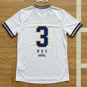 Maillot de volley-ball Regal blanc, bleu et or, col en V, manches courtes, sublimé, anti-humidité, avec rayures de football - Product Image 2