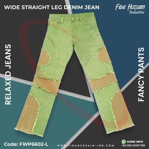 Customized 100% Cotton Relaxed Denim <b>Jeans</b> Wide Straight Leg With Patchwork Fabric High Waist Multiple Pockets for <b>Work</b> - Product Image 2