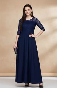 Robe longue en tissu Georgette bleu foncé de qualité supérieure pour femmes, col rond, manches 3/4, qualité export en gros - Product Image 4