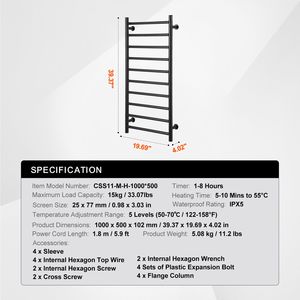 Sèche-serviettes mural chauffant à 10 barres avec minuterie, affichage LED, étanche IPX5 pour salle de bain - Product Image 3