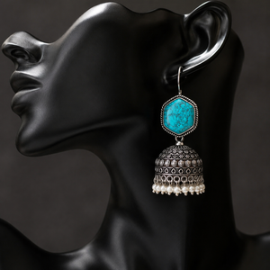 Pendientes Jhumka de Latón Oxidado Plateado con Turquesa y Perlas de Imitación Estilo Bohemia para Boda, con Garantía Comercial - Product Image 1
