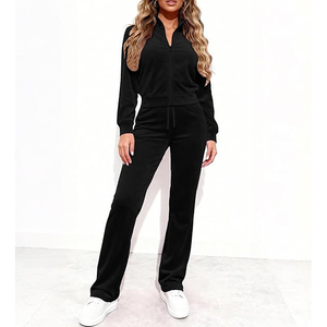 Sweatsuit With Hooded Jacket And Relaxed <b>Pants</b> Warm Plush Fabric Two Kangaroo Pockets Velour Crop Top Tracksuit - Product Image 2