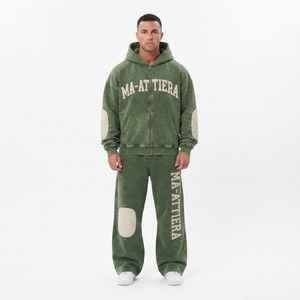 Conjunto de chándal de dos piezas para hombre: sudadera con capucha extragrande con cremallera y efecto lavado, y pantalones de chándal de pierna ancha. - Product Image 1