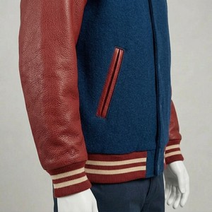 <b>Men's</b> Royal Blue Varsity <b>Jacket</b> With Burgundy Faux <b>Leather</b> Sleeves Ribbed Collar Snap Button Closure Casual Letterman Outerwear - Product Image 5