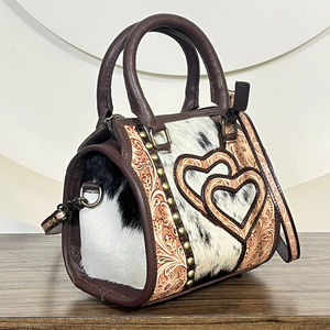 Super September Hand Tooled Cowhide Leather Large Speedy <b>Bag</b> Hair-on Hide Heart Duffel Cowgirl Fashionable Travel <b>Bag</b> for <b>Women</b> - Product Image 3