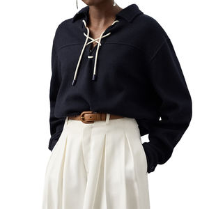 Premium Felted Cashmere Jersey Women's Winter Pullover With Lace-Up Spread Collar Soft Luxury Warm Knitwear Relaxed Casual Top - Product Image 4