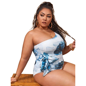 Traje de Baño de Cintura Alta, Talla Grande, de Una Pieza con Hombro Descubierto, Bikini Tie Dye - Product Image 4