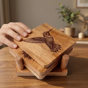 Juego de Posavasos Cuadrados de Madera con Diseño de Colibrí, Rústicos, Hechos a Mano, Antideslizantes, de 10 mm de Grosor - Product Image 3