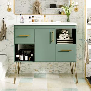 Mobile Bagno Moderno da 36 Pollici Autoportante con 2 Cassetti e 2 Vani Portaoggetti, Set Combinato con Lavabo in Resina - Product Image 1