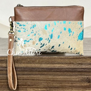 New Boho Metallic Genuine Cowhide Leather Wristlet <b>Purse</b> for Women Hair-on Hide Zipper Clutch Wallet Cards & Cash Organizer - Product Image 1