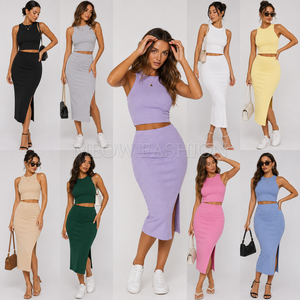 Entrega Rápida: Conjuntos de Ropa para Mujer, Tops Cortos Elásticos sin Mangas y Faldas con Abertura, Diseños Surtidos, Listos para Enviar, Estilo Bodycon - Product Image 1