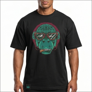 Camiseta Negra para Hombre, Manga Corta, Cuello Redondo, Diseño Estampado de Mono, Corte Regular Informal, 100% Algodón Jersey - Product Image 1