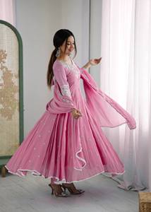 Pink Traditional Floor-Length Anarkali <b>Suit</b> With Embroidered Neck And Sleeves For <b>Women</b> India Pakistan <b>Wedding</b> Wear - Product Image 5