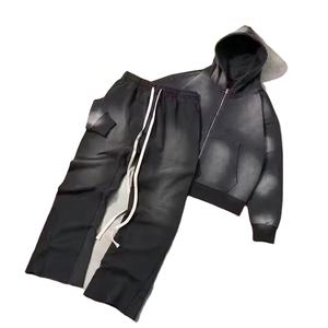 Conjunto Deportivo Informal Estilo Streetwear, Sudadera con Capucha y Pantalones Deportivos, Talla Grande, Efecto Deslavado, 100% Algodón Transpirable, Color Sólido, para Invierno - Product Image 1