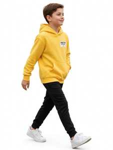 Winter <b>Kids</b> Unisex Hooded Sweatshirt and Jogger Pants <b>Tracksuit</b> Set Yellow Top <b>Black</b> Side Stripe Pants Fleece Loose Fit - Product Image 2