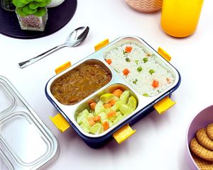 Boîte à lunch en acier inoxydable à 3 compartiments avec couvercle en plastique, boîte bento portable pour enfants - Product Image 1