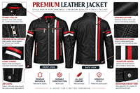 Blouson moto en cuir noir pour homme, col montant, fermeture éclair, coupe ajustée, rayures rouges et blanches, manches classiques, idéal pour l'automne