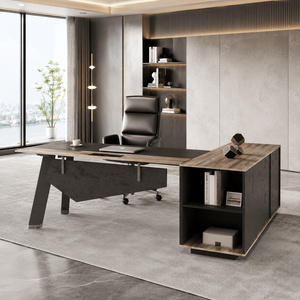 Bureau de direction moderne en forme de L avec verre et MDF, rangement ouvert, grand poste de travail informatique industriel - Product Image 3