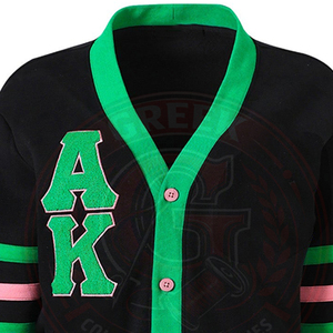 Cárdigan Negro Sisterhood con Ribete Verde y Rosa, Logotipo Bordado con Letras Griegas, Suéter de Punto Acrílico para Mujer, Estilo Collage - Product Image 6