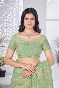 green Embroidered <b>Saree</b> <b>Women</b> Traditional Floor-Length Party Wear Indian Pakistani Style Polyester Stretchable Regular Fit - Product Image 5