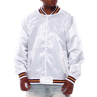 Veste de baseball en satin blanc pour homme, col rayé violet et orange, boutons sur le devant, veste bomber à manches longues, veste d'hiver pour homme, adultes