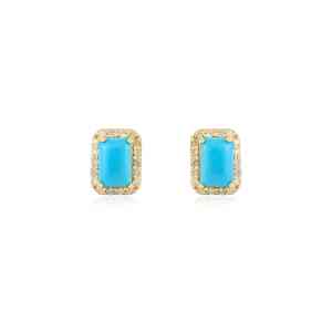 Boucles d'oreilles clous halo en or jaune 18 carats de haute qualité, serties de turquoise et de diamants, petites grappes, faites à la main, pour usage quotidien - Product Image 1