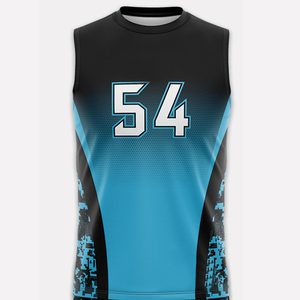 ชุดเสื้อบาสเก็ตบอลแบบกำหนดเอง สีดำไล่เฉดสีน้ำเงิน พิมพ์ลายแบบ Sublimation ระบายเหงื่อได้ดี สำหรับผู้ใหญ่ แบบ Unisex คอกลม แขนกุด ผ้าตาข่าย - Product Image 3