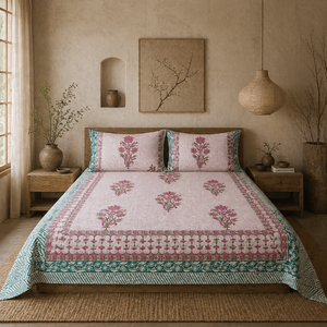 Jaipur Handmade <b>Block</b> Printed Intricate Floral Eco-Friendly Home <b>Bed</b> Sheet Set 3PC King Size 100% Cotton 200TC Machine Washable - Product Image 5
