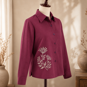 Camisa de Manga Larga de Algodón Color Granate para Mujer, Blusa Casual con Botones y Bordado Floral Blanco para Venta al por Mayor B2B - Product Image 4