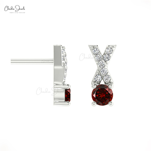 Trending 5mm Round Cut Natural Mozambique Garnet Jesus Criss Cross Stud <b>Earrings</b> 14k Solid Gold Custom Fine Jewelry for Women - Product Image 2