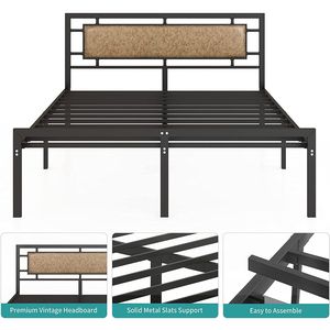 Mecor Vintage Rustic Brown Faux Leather Headboard Strong Metal Slats Support Full Size <b>Platform</b> <b>Bed</b> <b>Frame</b> Metal <b>Beds</b> Product - Product Image 3