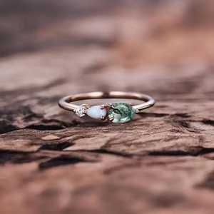 Bague de fiançailles vintage en agate mousse et opale, style Art Déco, avec moissanite taille poire, trois pierres, unique, pour promesse de mariage - Product Image 6