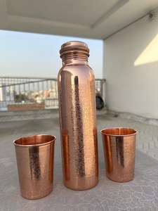Copper Water Bottle with Lid and Two Cups Engraved Traditional Design <b>Reusable</b> for Travel Outdoor Hiking Camping Adults - Product Image 2